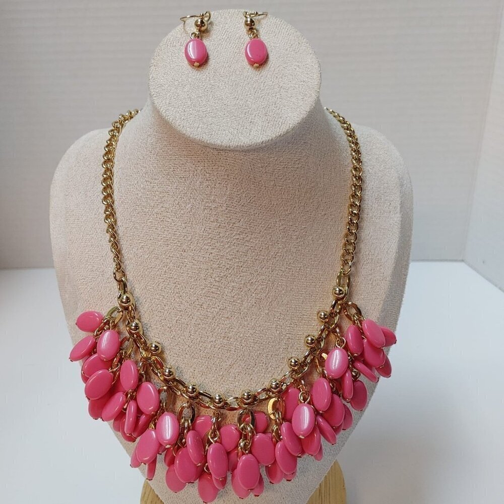 GoldTone Teal PINK Teardrop Bib Statement Necklace Earrings SHB sign Jewelry Set